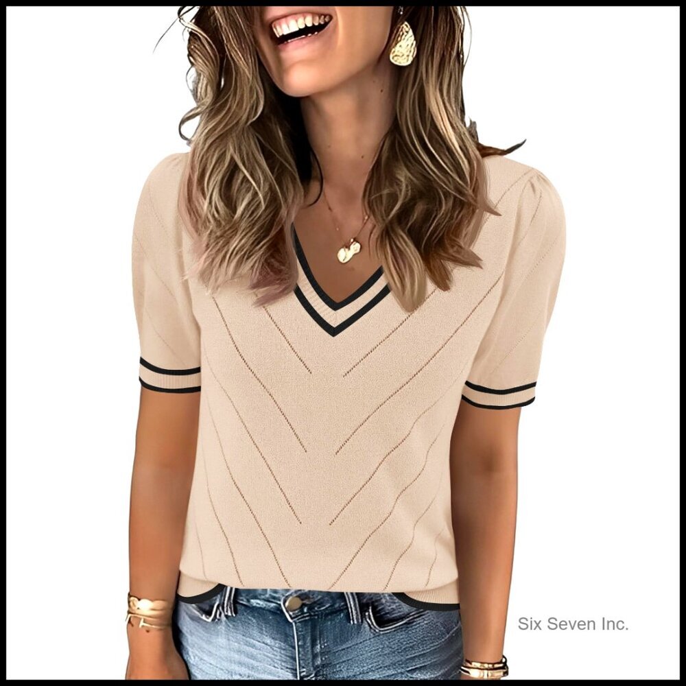 Puff Sleeve V-Neck Knit Sweater Lightweight Business Casual Chic Blouse
